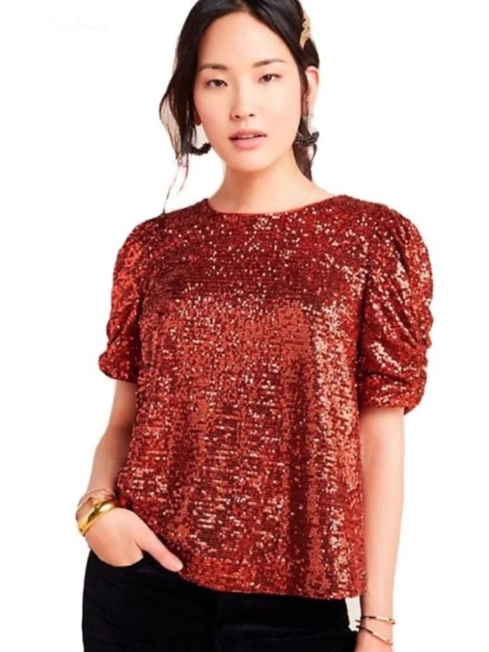 Anthropologie Marie Sequin Puff Sleeve Top Size 6